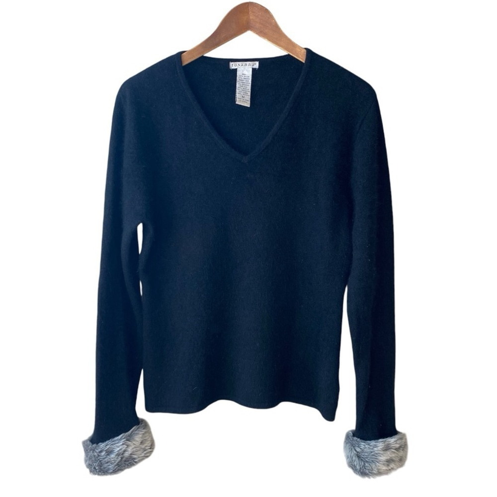 Vintage Rosanna Black Angora Lambs Wool V-Neck Long Sleeve Sweater Top MEDIUM - Picture 2 of 8